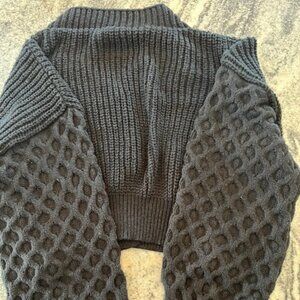 SHEIN black cropped V-neck cardigan chunky knit bodice balloon sleeves size L